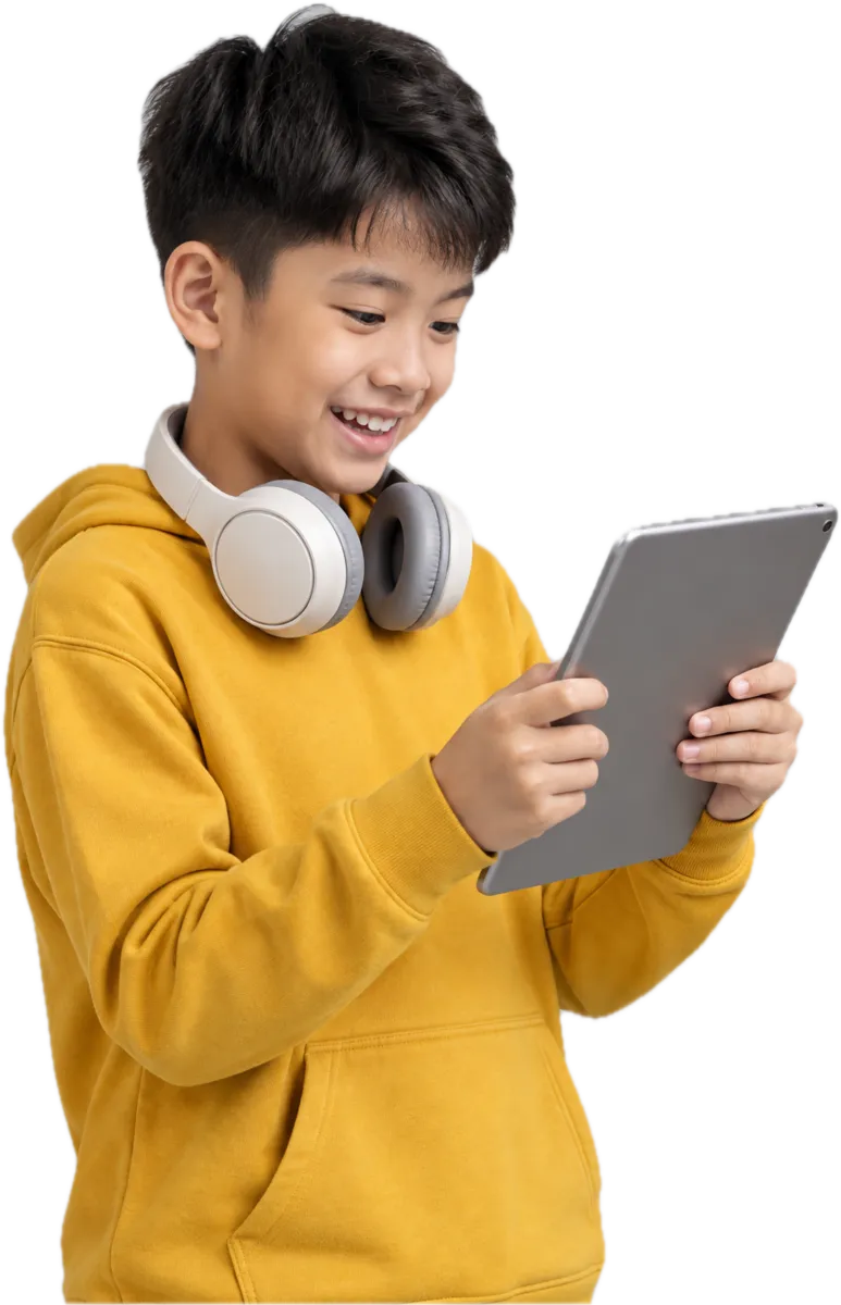 A boy with headphones smiling while learning on a tablet