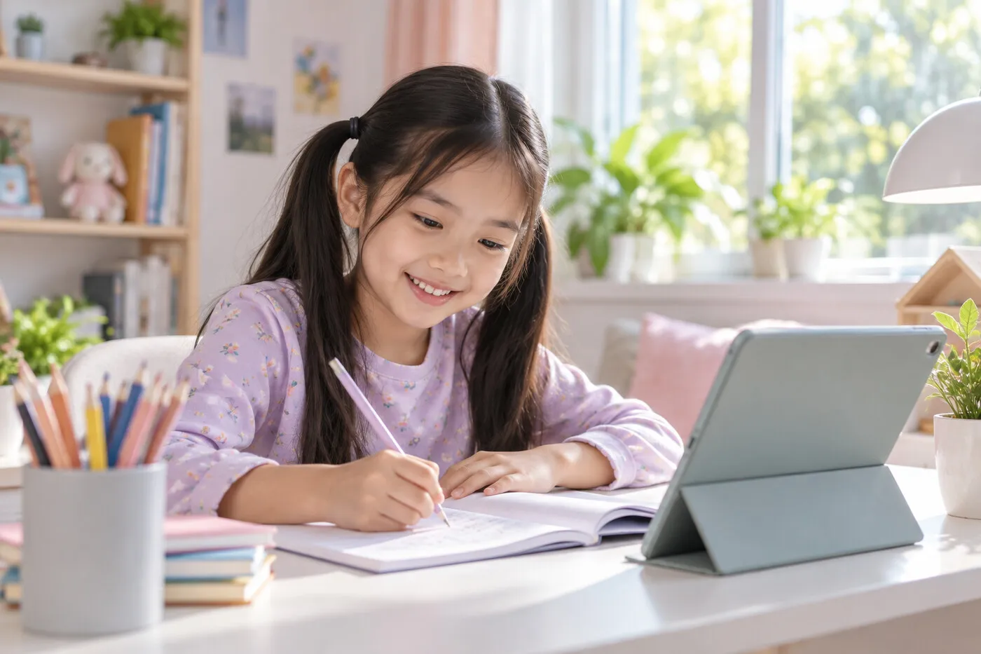 A girl doing homework at her desk with a tablet