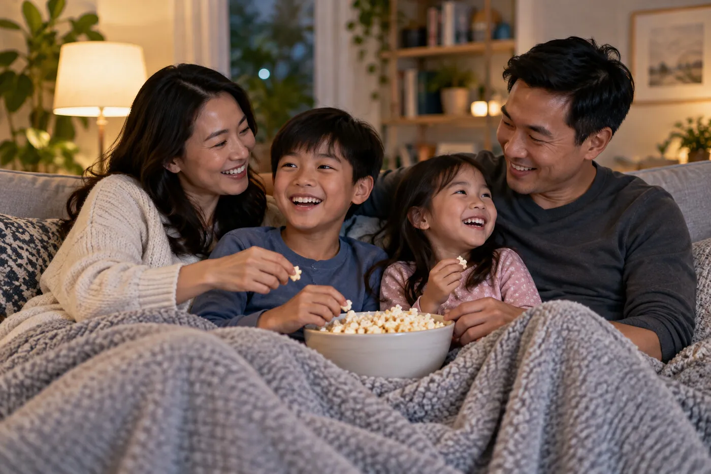 A family laughing together on the sofa during movie night