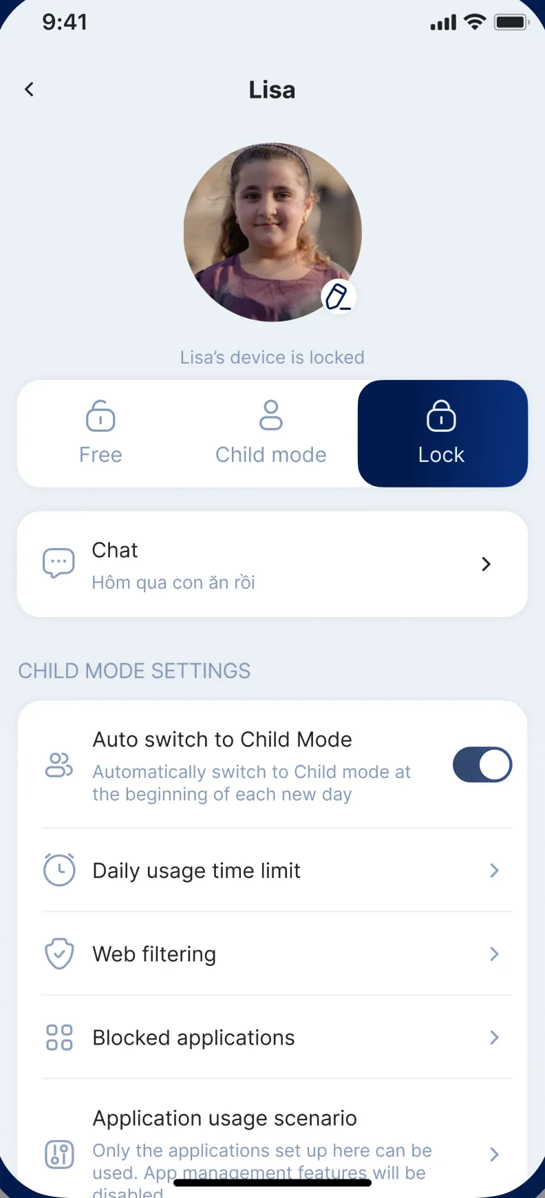 FamilyMate parent app showing a child’s device set to Lock mode