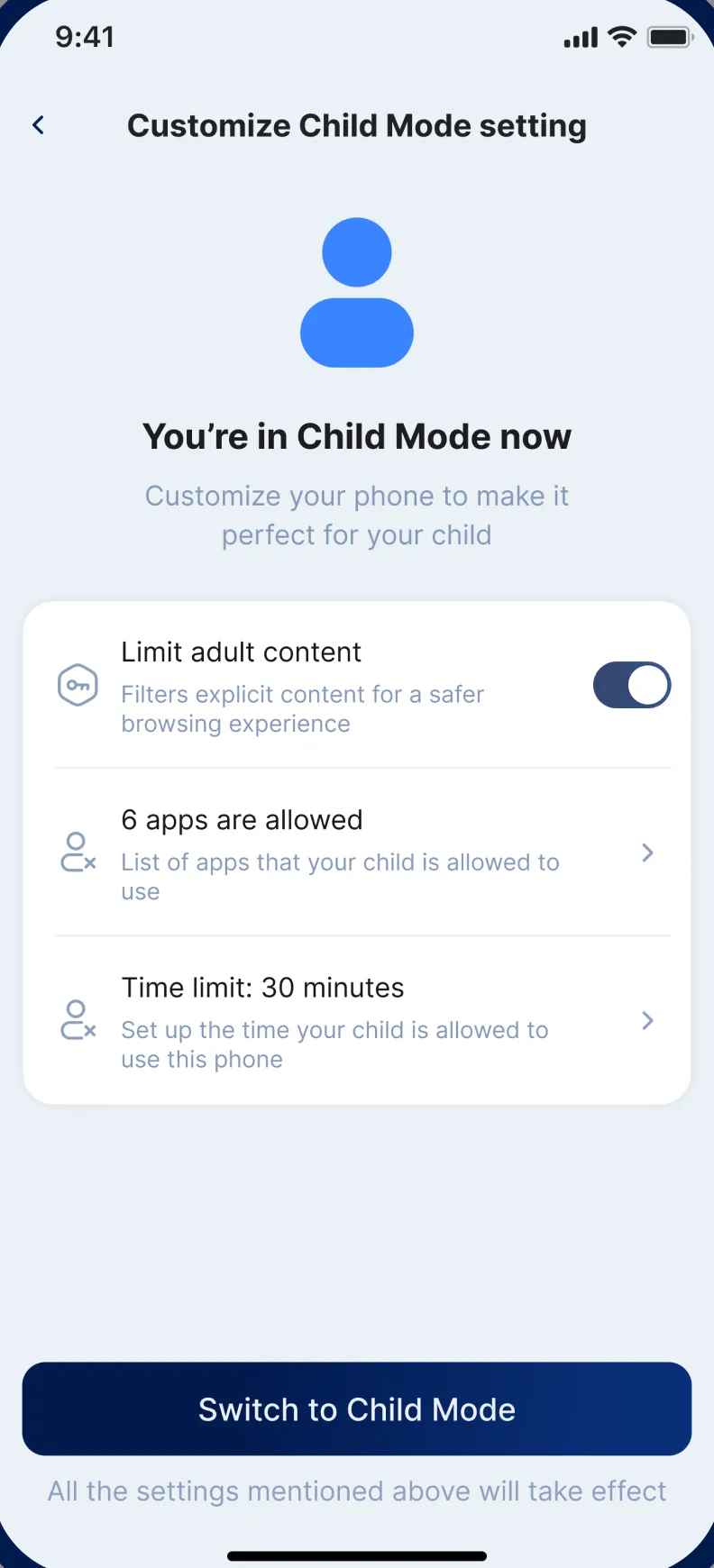 FamilyMate Child mode settings with adult content filtering turned on