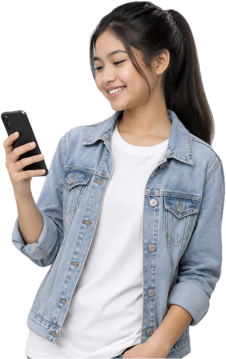 A teenage girl smiling at her phone